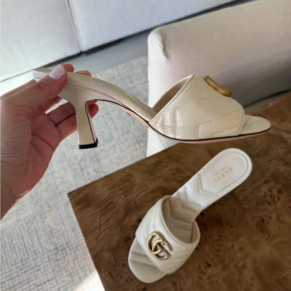 Gucci Cream Quilted GG Logo Heeled Slide Mules - Picture 4 of 7
